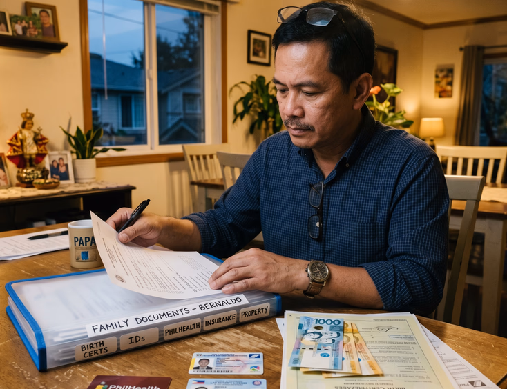 At the dining table, a methodical Filipino father organizes a folder of important documents, including PhilHealth cards and IDs, for hospital use.