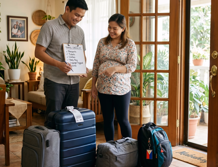 A Filipino couple does a final checklist inspection of three packed hospital bags lined up by the door, ready for the upcoming baby's arrival.