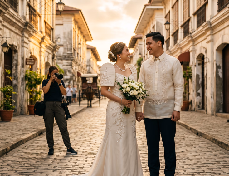 Filipino couple in matching Filipiniana formal attire standing on a cobblestone street lined with Spanish-colonial buildings during golden hour with a photographer in the background