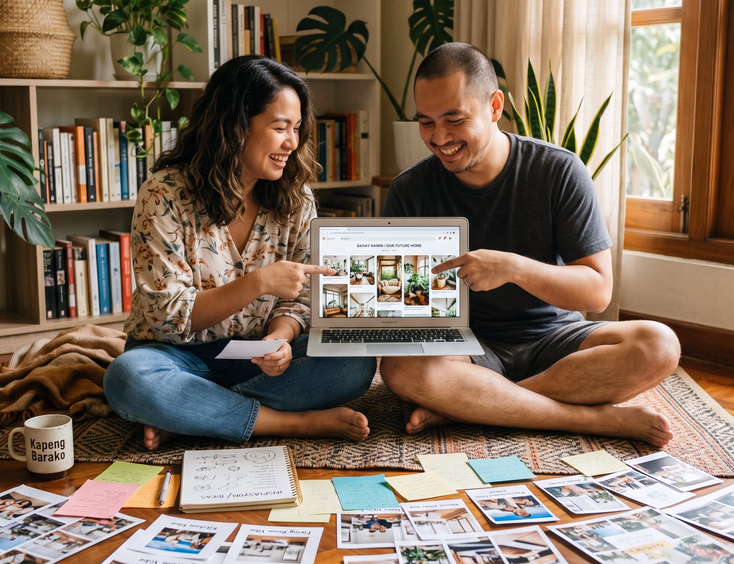 Filipino couple sitting on a living room floor surrounded by printed photos and a laptop browsing Pinterest boards while brainstorming prenup shoot ideas