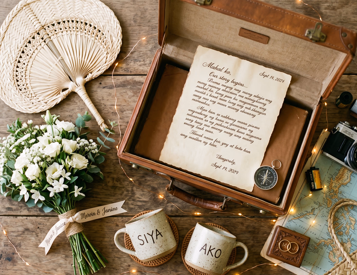 Flat lay of Filipino prenup shoot props including a vintage suitcase handwritten letter traditional fan white flowers matching coffee mugs and fairy lights on a wooden surface