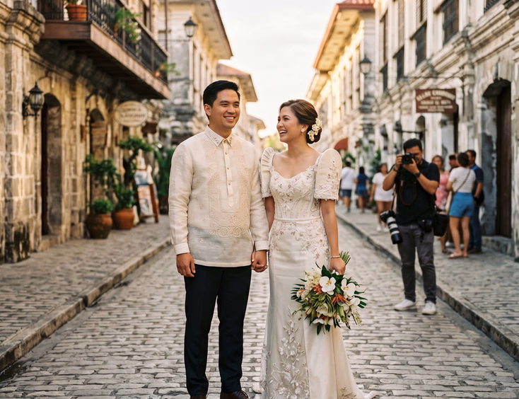 Filipino couple in matching Filipiniana formal attire standing on a cobblestone street lined with Spanish-colonial buildings during golden hour with a photographer in the background