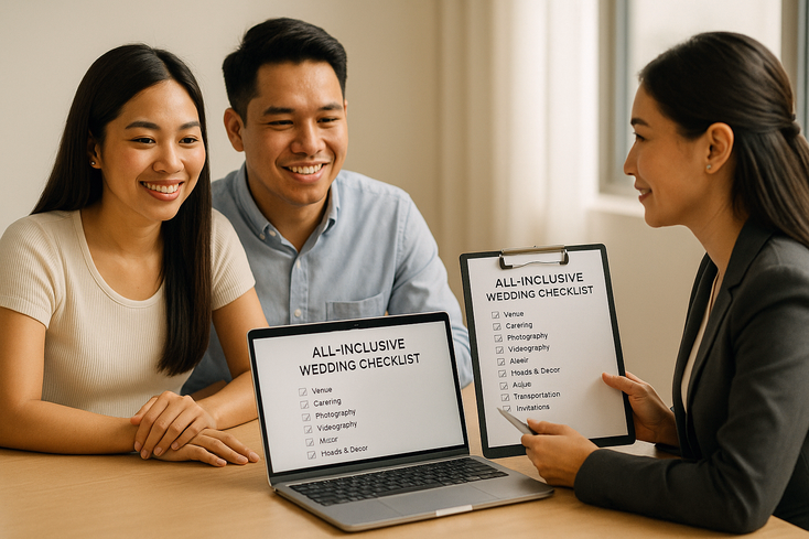 Couple and planner reviewing an all-inclusive wedding checklist in a Manila office.