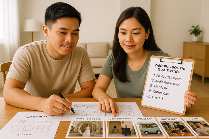 Young Filipino couple planning wedding booths and activities with checklists, floor plan, and sample designs on a table.