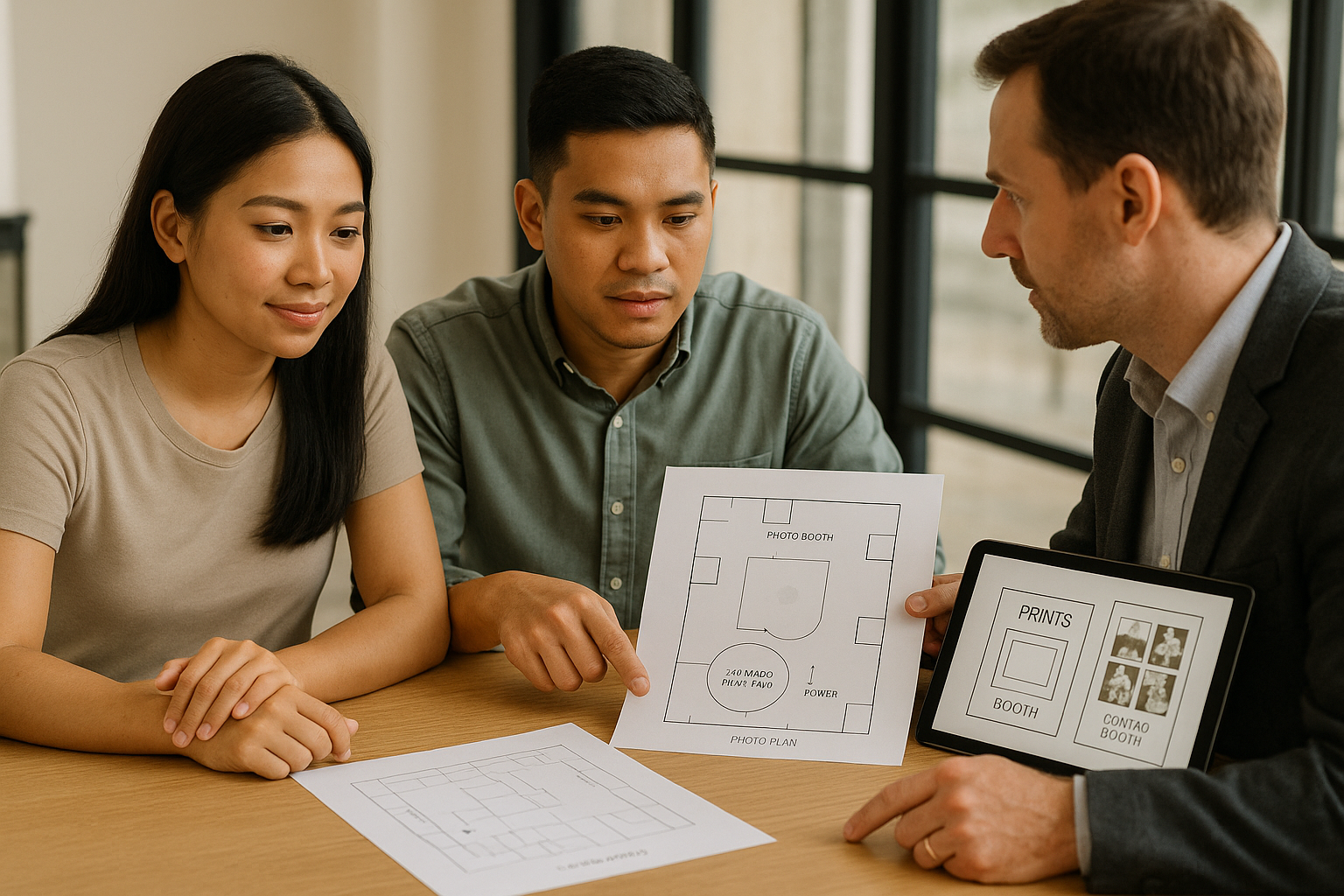 Couple and supplier reviewing venue floor plan for photo booth and 360 platform, noting power and space needs.