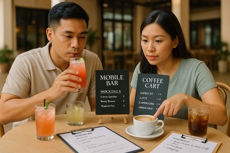 Couple comparing mobile bar and coffee cart menus while discussing service flow and staffing.