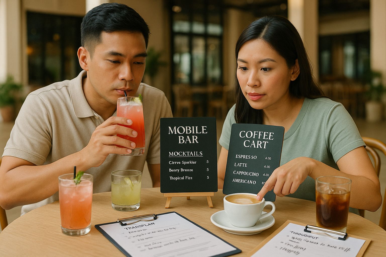 Couple comparing mobile bar and coffee cart menus while discussing service flow and staffing.
