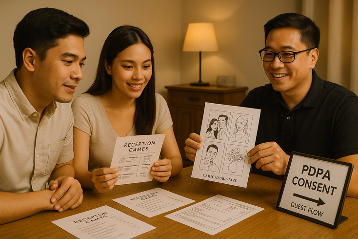 Couple reviewing live art samples and reception game options with a vendor, including consent signage.