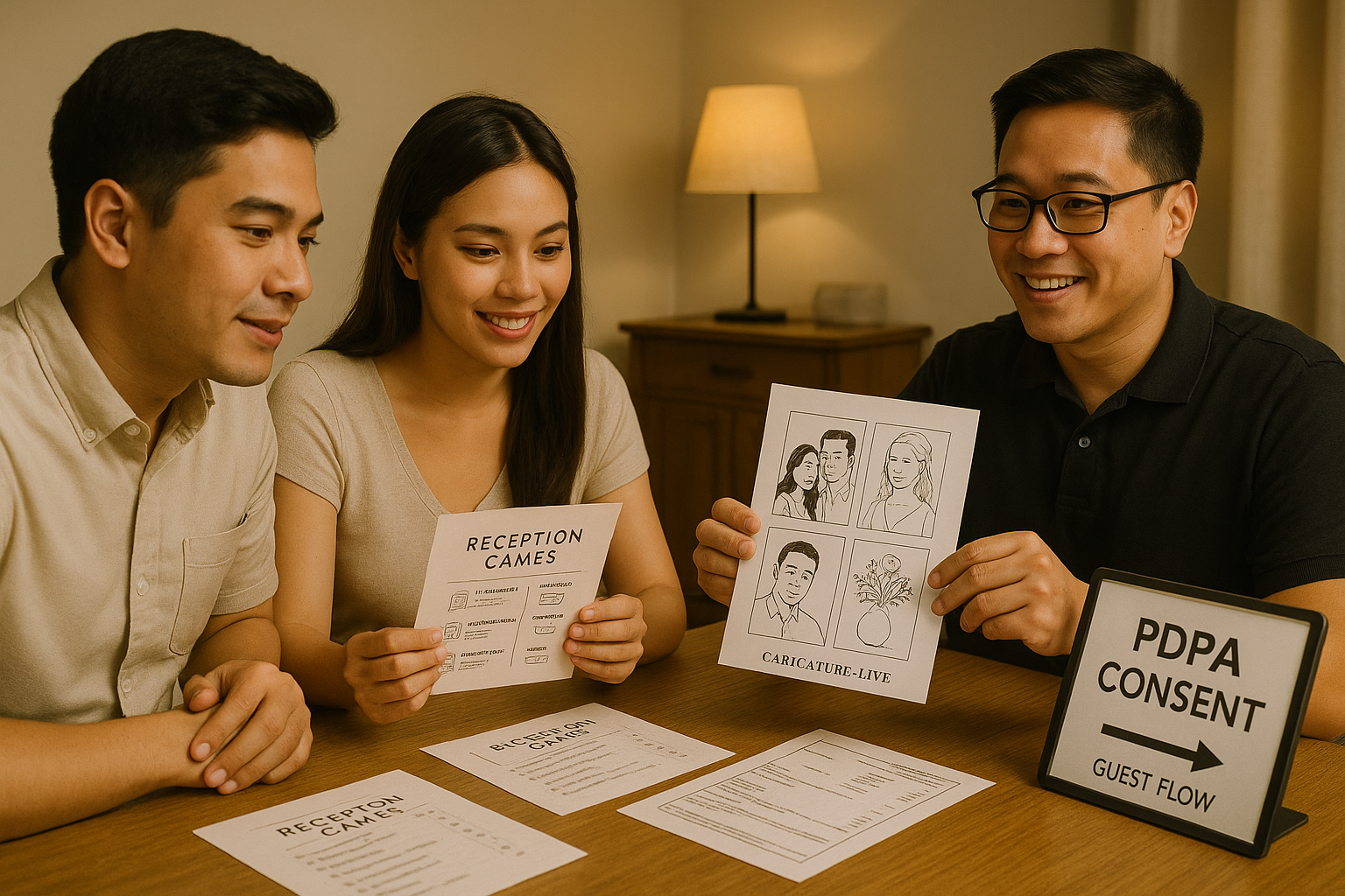 Couple reviewing live art samples and reception game options with a vendor, including consent signage.