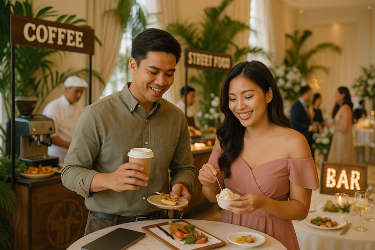 Young Filipino couple sampling wedding food carts and stations at a reception in the Philippines