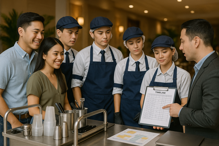 Uniformed cart staff coordinating with a young Filipino couple about staffing and attire at a wedding