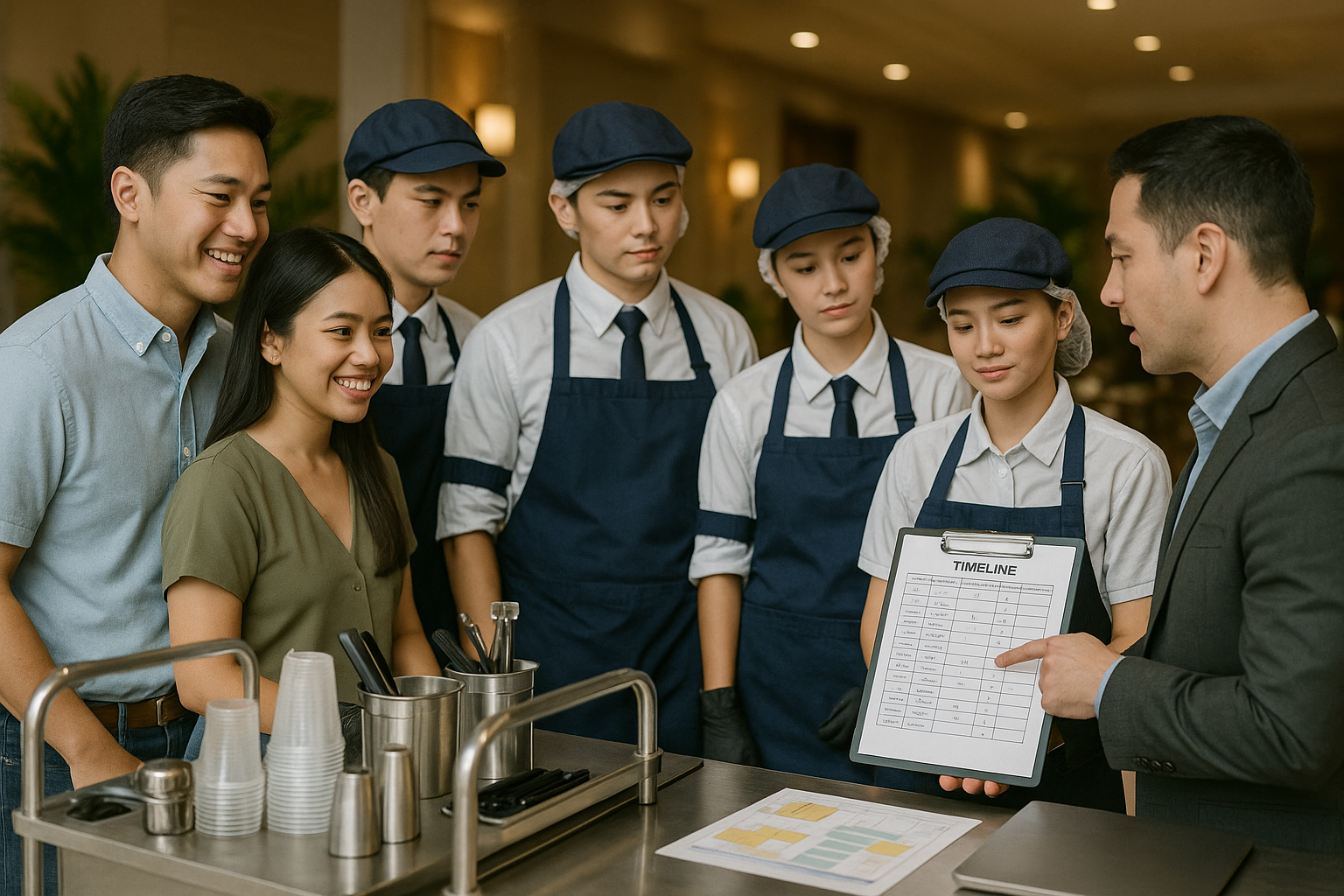 Uniformed cart staff coordinating with a young Filipino couple about staffing and attire at a wedding