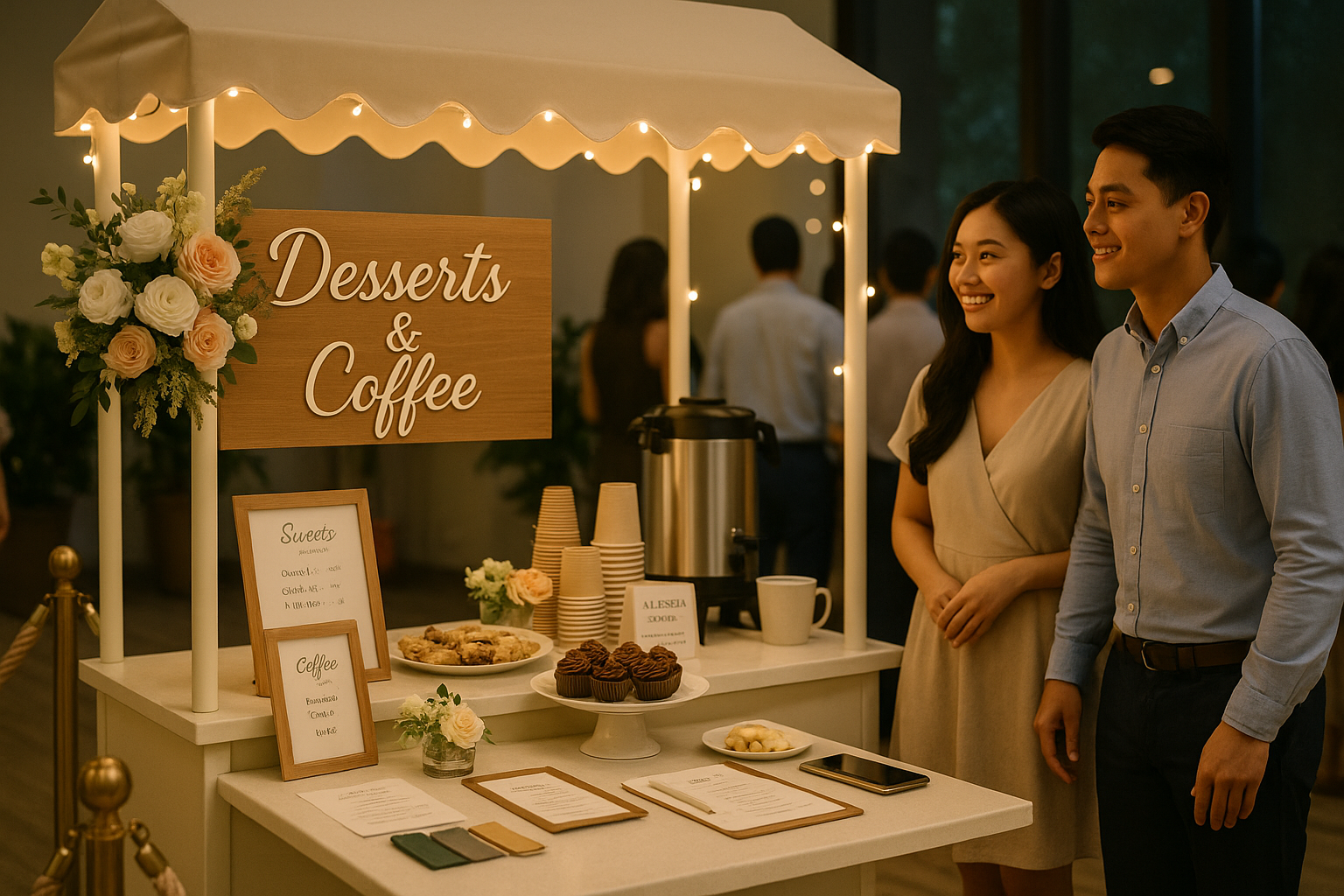 Styled wedding food cart with signage labels and eco friendly serviceware admired by a young Filipino couple
