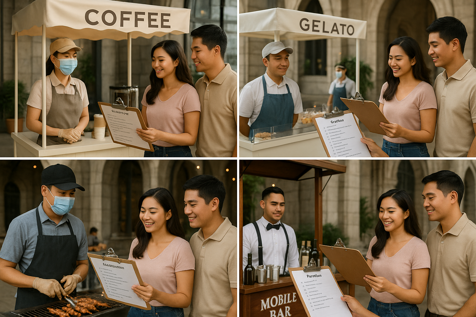 Coffee gelato street food and mobile bar stations with a young Filipino couple reviewing a checklist