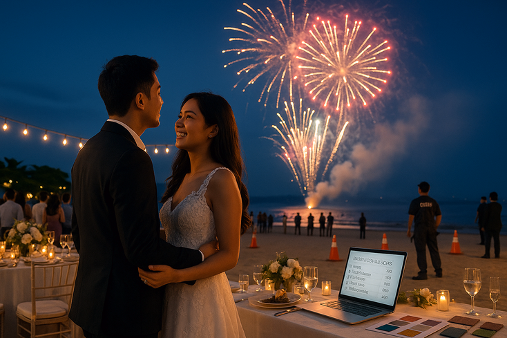 Young Filipino couple at a seaside wedding with fireworks safely launched behind crowd control barriers
