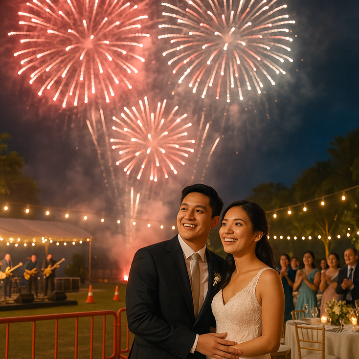 Couple enjoying a color themed fireworks show designed for guest comfort with clear safety distances
