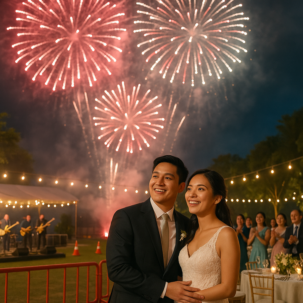 Couple enjoying a color themed fireworks show designed for guest comfort with clear safety distances