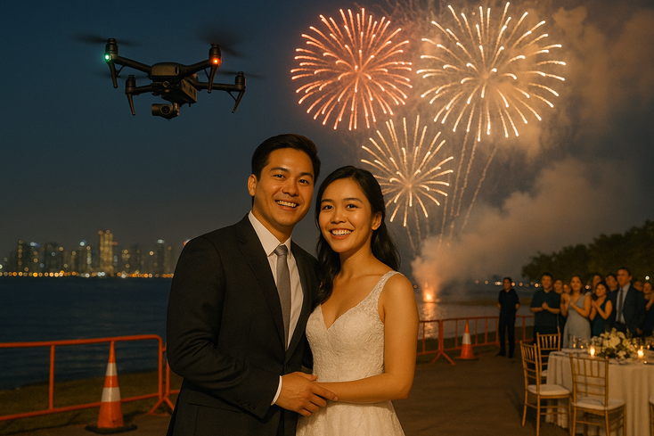 Couple posing as a drone films fireworks from a safe height with crew managing the airspace