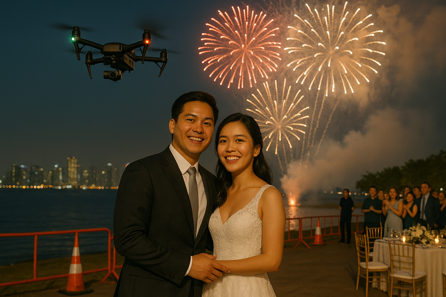 Couple posing as a drone films fireworks from a safe height with crew managing the airspace