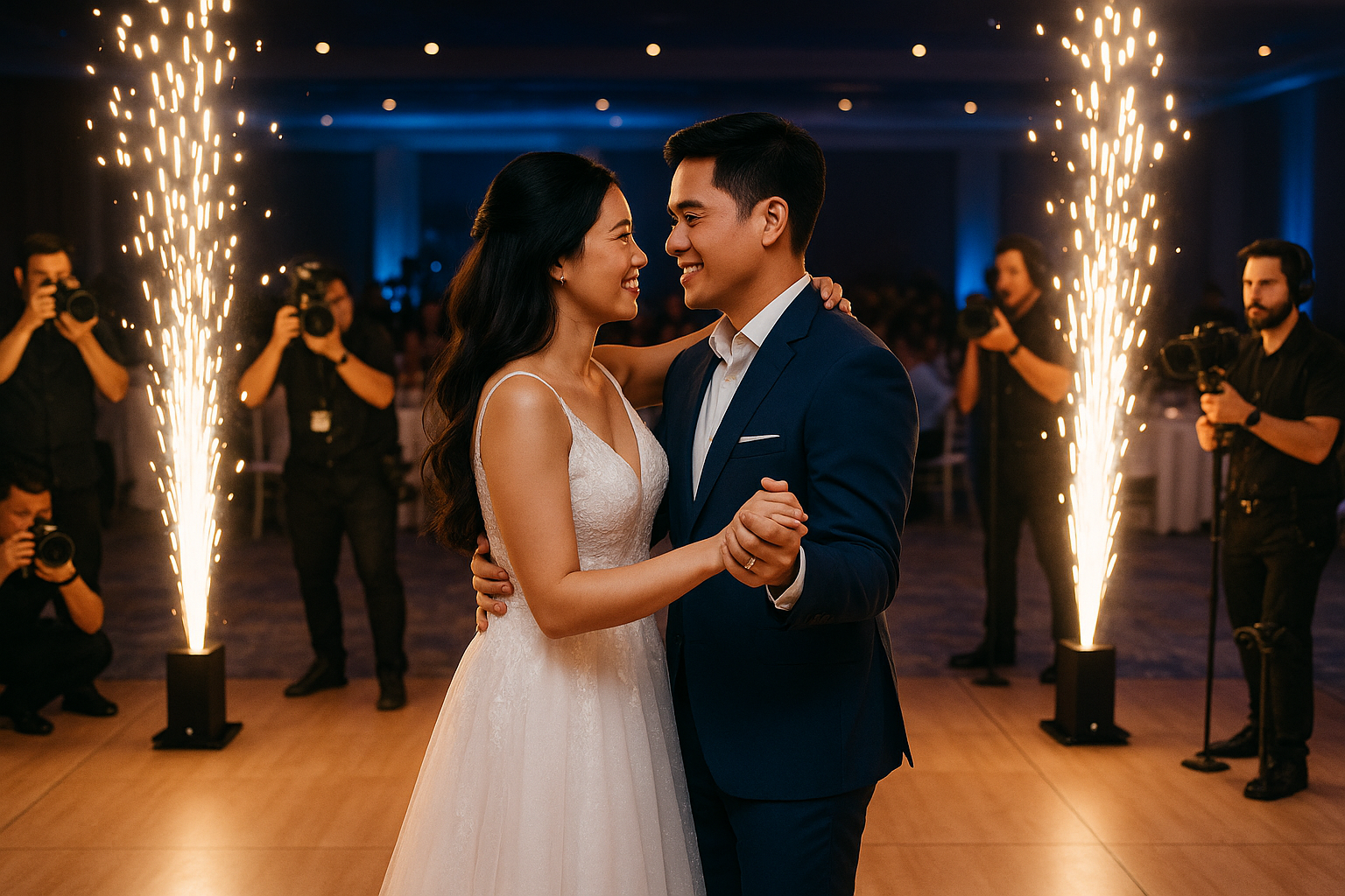 Couple dancing while photo and video teams capture timed cold spark effects with coordinated cues