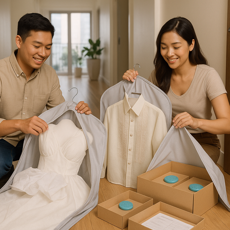 Young Filipino couple packing gown and barong with acid free tissue and breathable bags for safe transport