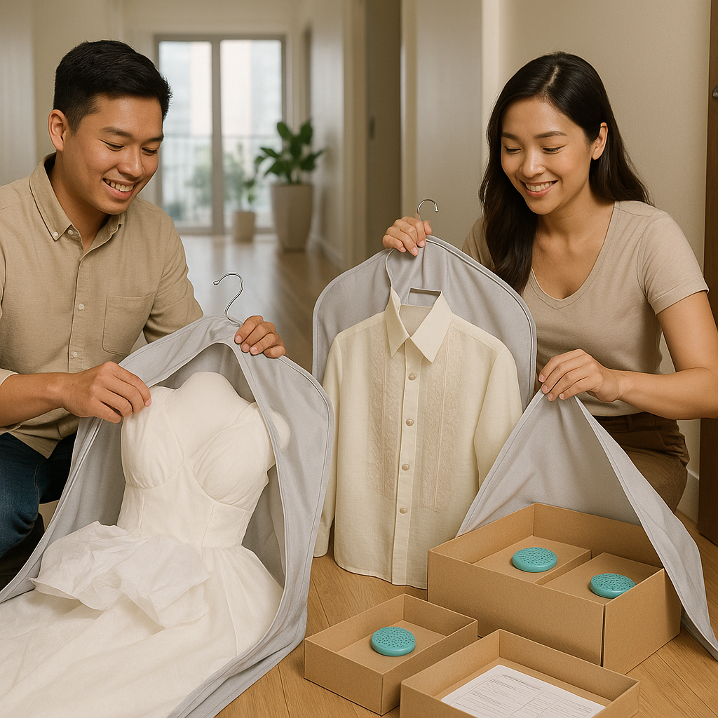 Young Filipino couple packing gown and barong with acid free tissue and breathable bags for safe transport