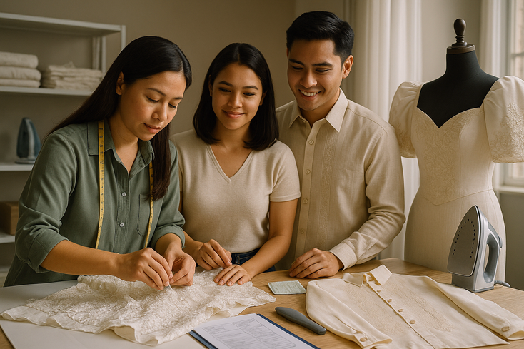 Seamstress repairing lace beadwork and reinforcing seams on gown and piña barong with young Filipino couple