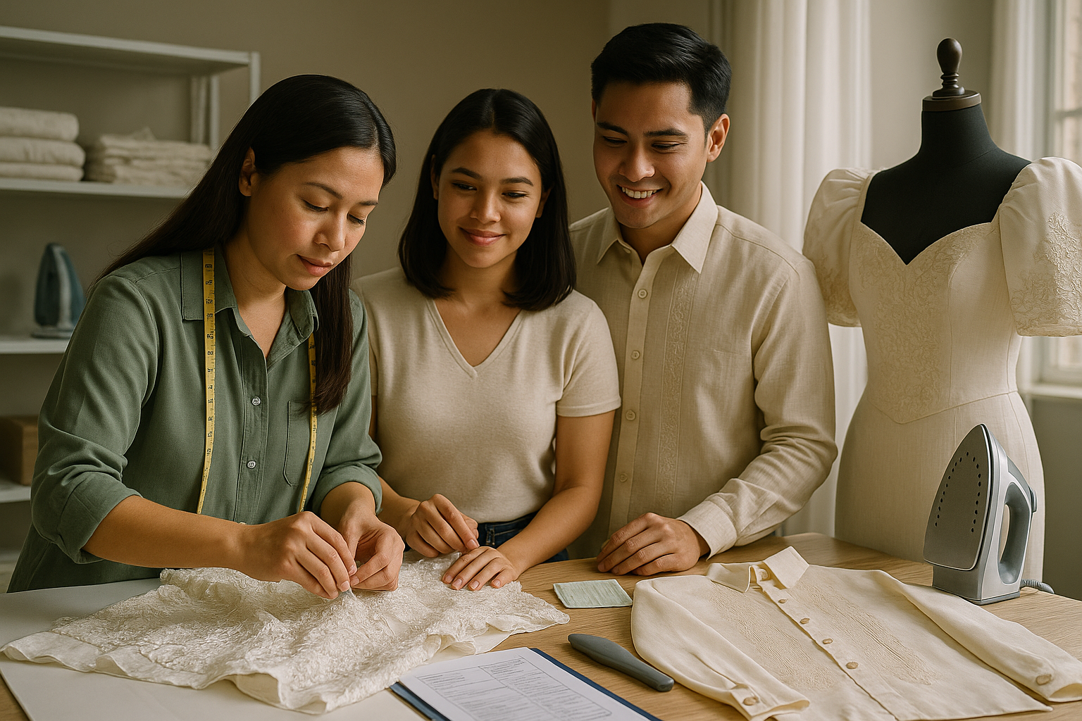 Seamstress repairing lace beadwork and reinforcing seams on gown and piña barong with young Filipino couple