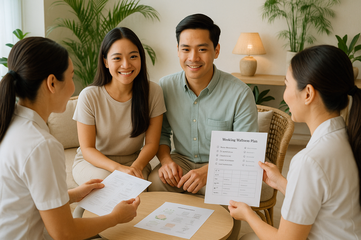 Young Filipino couple meeting a wellness team in a tropical spa lounge