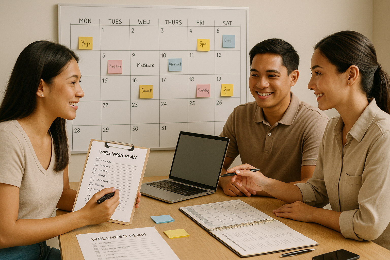 Filipino couple reviewing a pre wedding wellness plan with a consultant