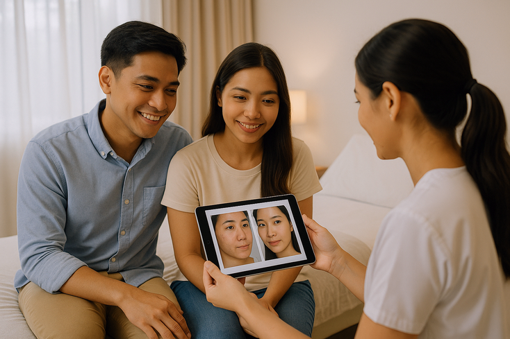 Filipino couple checking before and after skincare photos with a therapist
