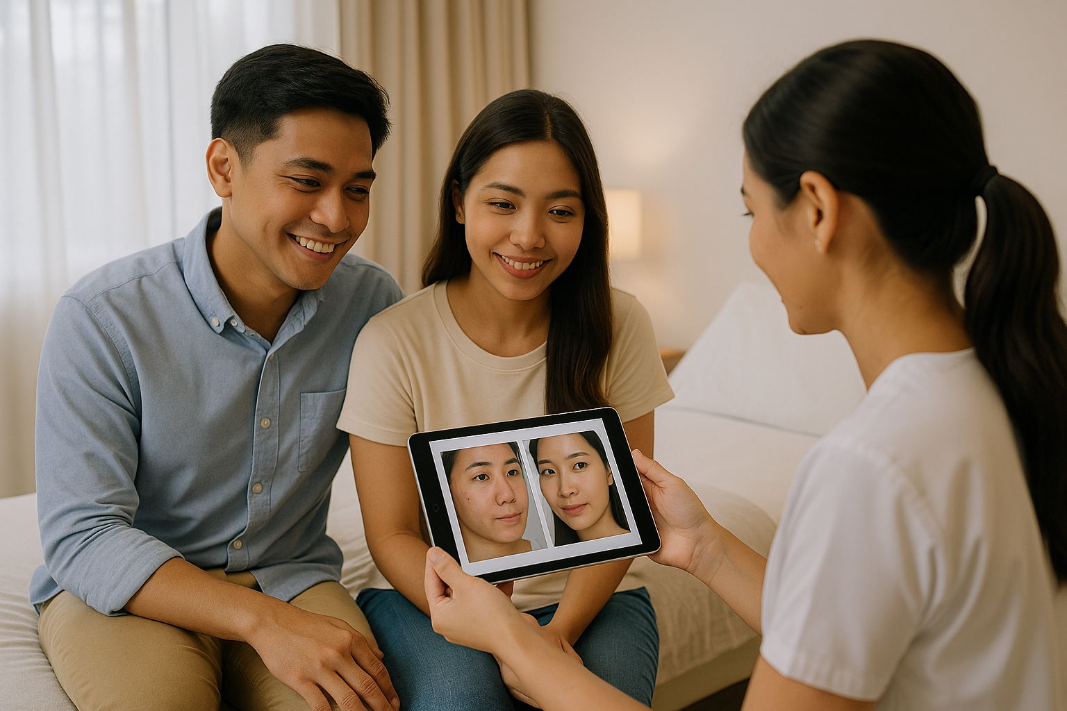 Filipino couple checking before and after skincare photos with a therapist
