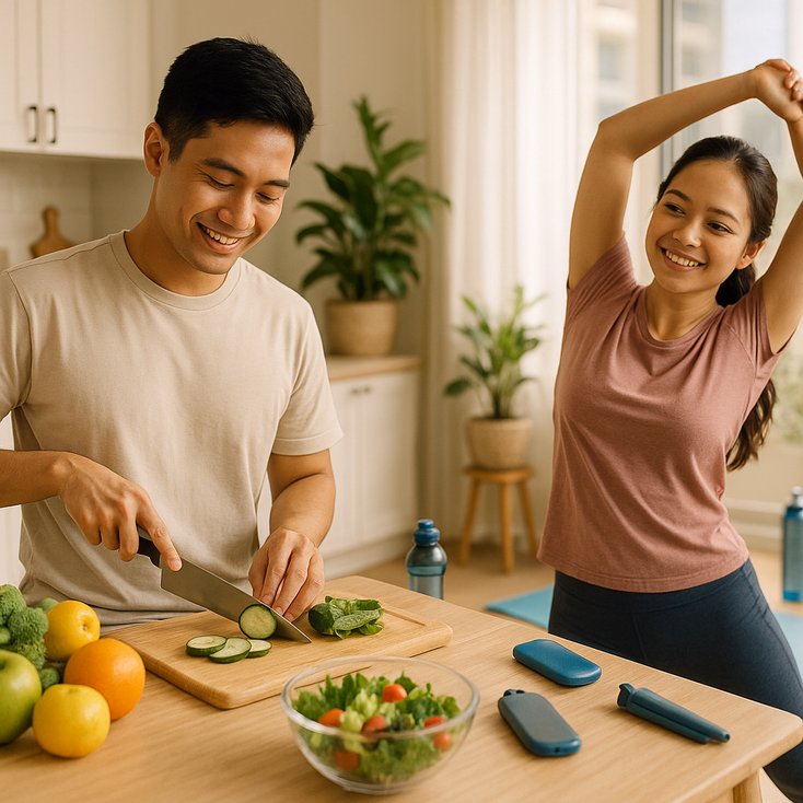 Filipino couple cooking healthy food and stretching in a bright kitchen