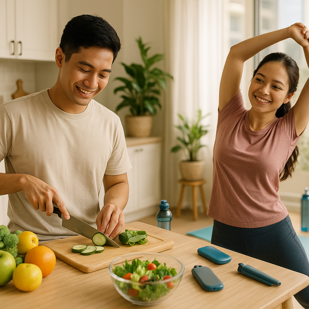 Filipino couple cooking healthy food and stretching in a bright kitchen