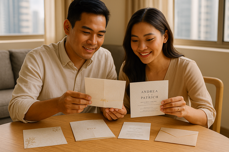 Young Filipino couple reviewing a full wedding invitation suite with capiz and vellum details on a wooden table