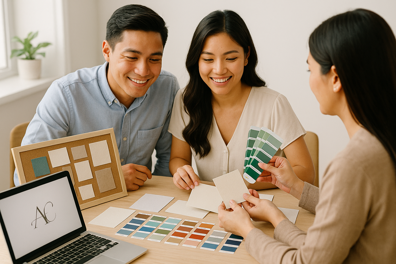 Young Filipino couple choosing colors and paper with a supplier using swatches monogram sketch and laptop