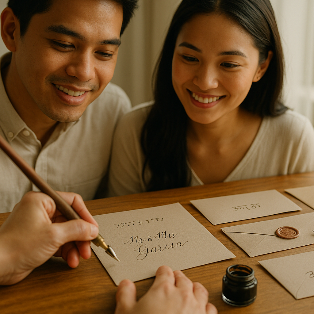 Young Filipino couple observing hand calligraphy on envelopes with baybayin accents and wax seals