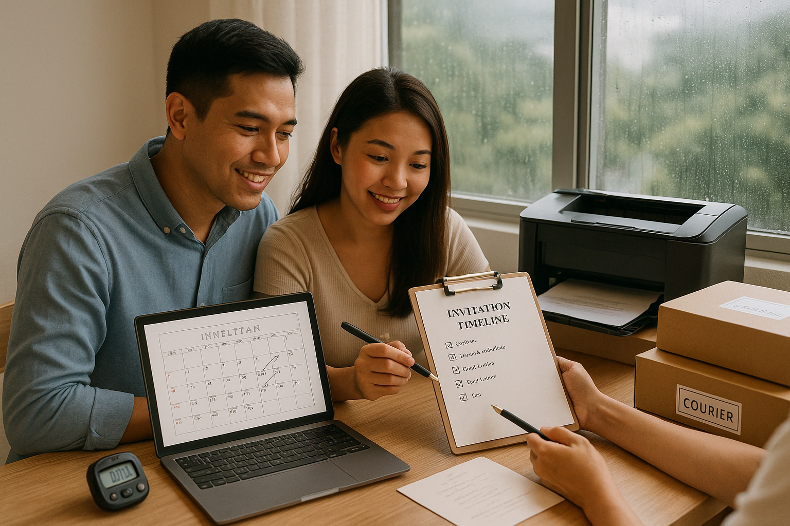 Young Filipino couple mapping invitation schedule with calendar printer proofs and courier boxes on a desk