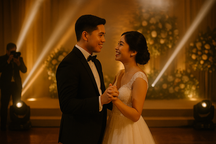 Young Filipino couple under curated wedding lighting with pin spots and gentle haze on the dance floor