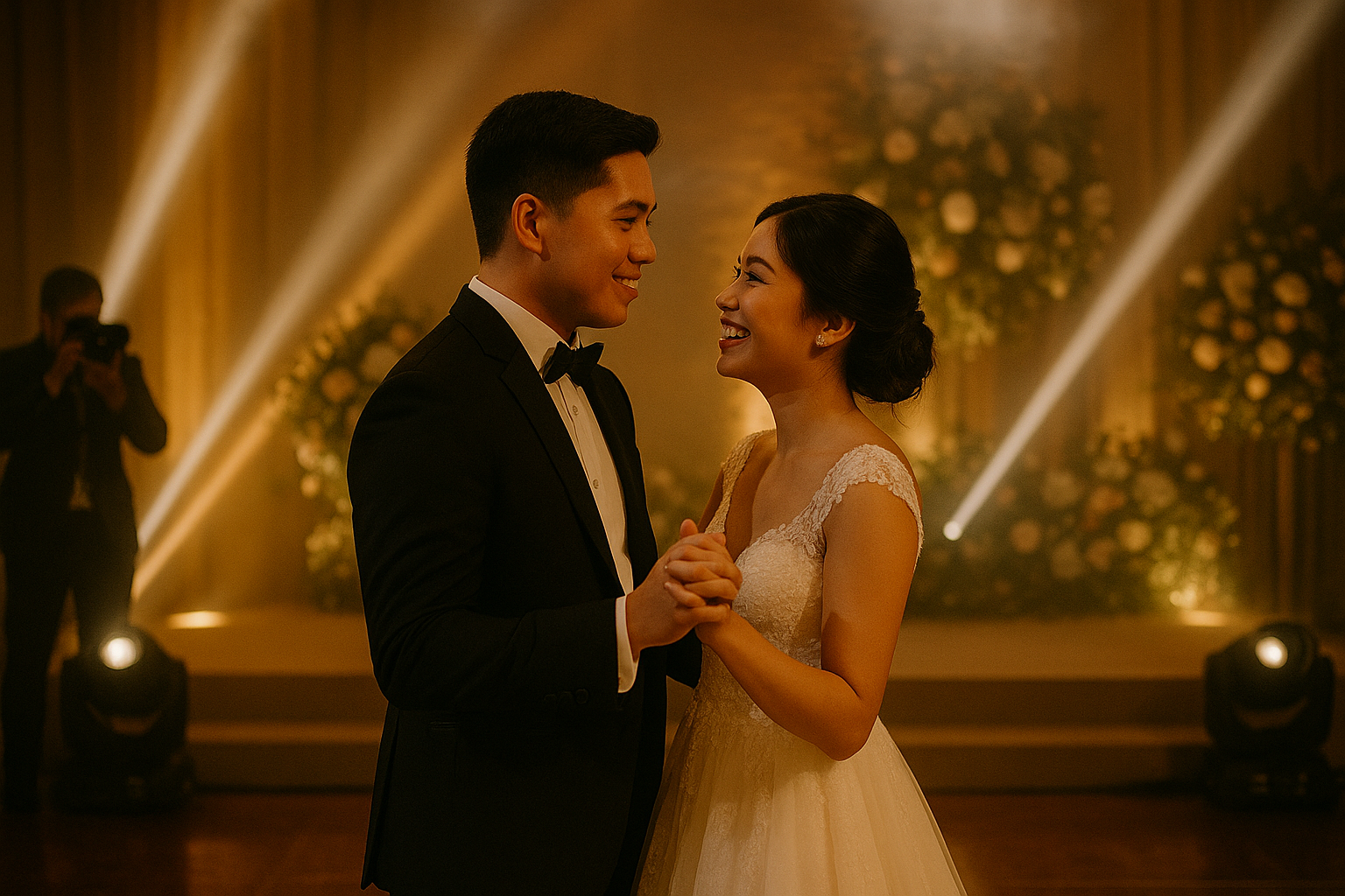 Young Filipino couple under curated wedding lighting with pin spots and gentle haze on the dance floor
