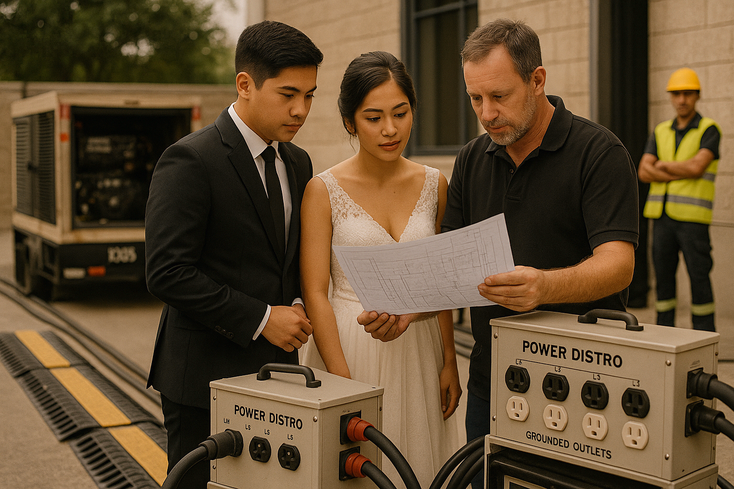 Young Filipino couple checking power plan with lights and sound lead showing cable ramps and generator