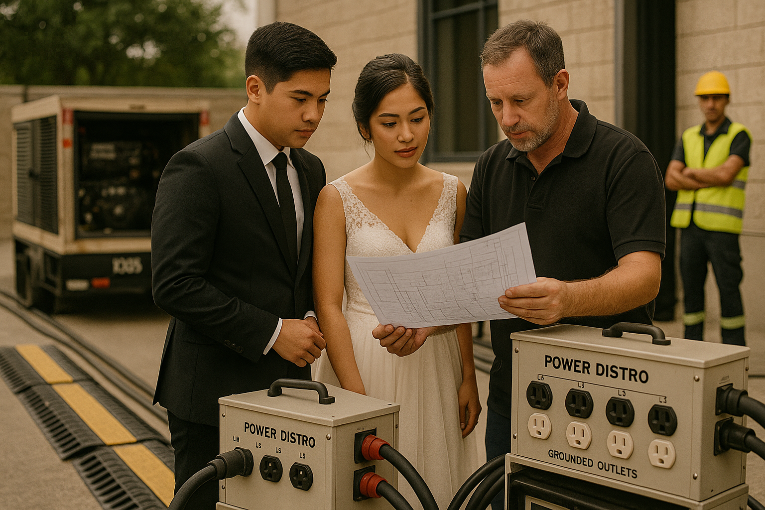 Young Filipino couple checking power plan with lights and sound lead showing cable ramps and generator