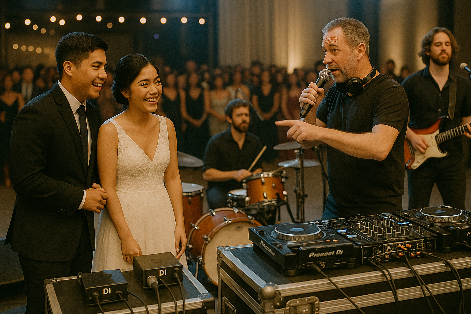 Young Filipino couple enjoying live band and DJ with DI boxes monitors and tidy stage plot