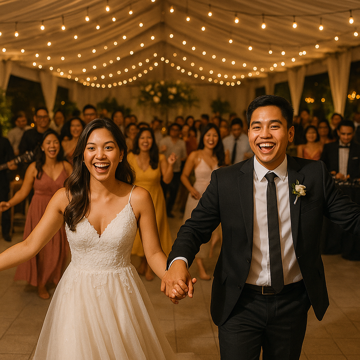 Young Filipino couple dancing with live band and DJ at a wedding reception in the Philippines wide shot with warm string lights
