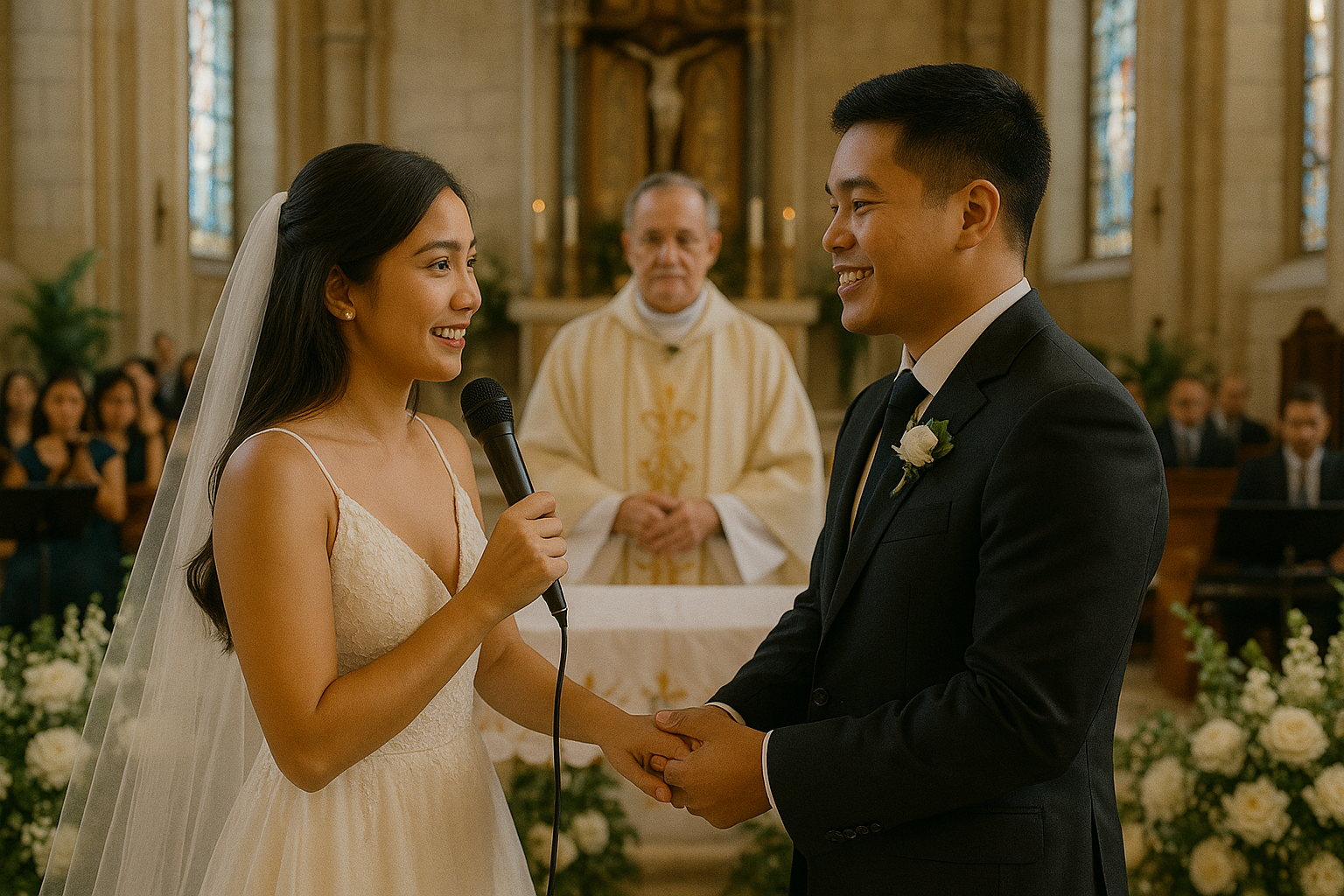 Young Filipino couple during a Catholic church ceremony with choir and aisle flowers reverent mood