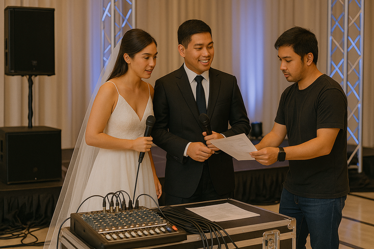 Couple with sound engineer reviewing stage with mixer speakers lights and tidy cables at a wedding venue