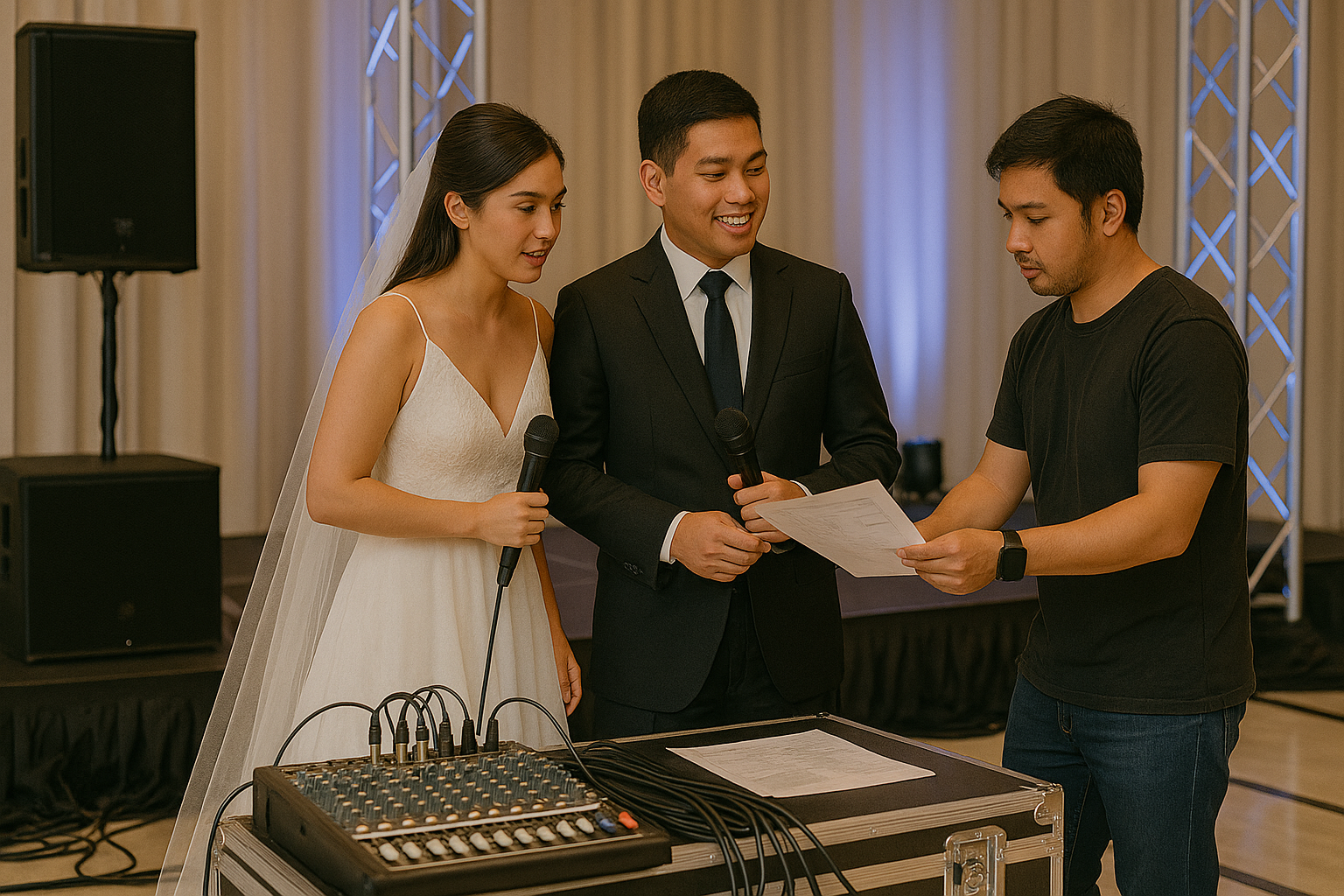 Couple with sound engineer reviewing stage with mixer speakers lights and tidy cables at a wedding venue