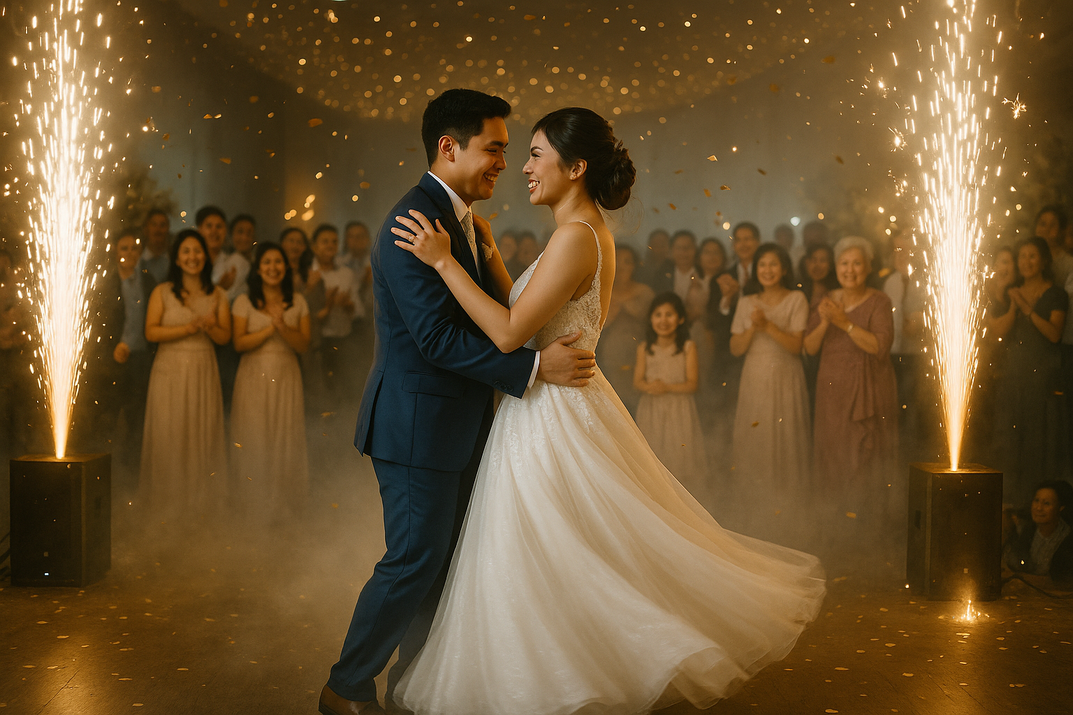 First dance of a young Filipino couple with family cheering and sparkling lights captured in a romantic candid scene