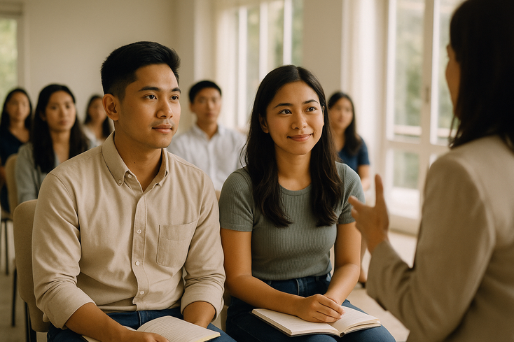 Young Filipino couple listening to a seminar facilitator with workbooks in a bright venue