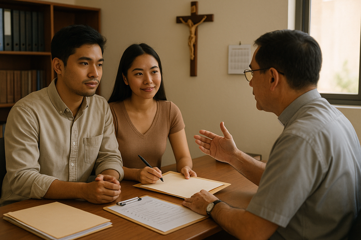 Couple consulting parish staff about Pre Cana requirements inside a church office